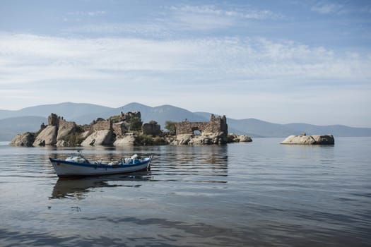 Lake Bafa Nature Park in Turkey, near Aegean Sea. Ancient Greek city Heraclea ruins can be seen all around the lake. 