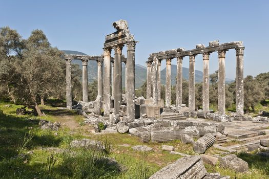 The Temple of Zeus at Euromos is to me the perfect ruined Greek temple.  Set in a forest of olive trees just east of the D525 highway between Selcuk (Ephesus) and Bodrum (25 km/16 miles SE of Lake Bafa, 13 km/8 miles NW of Milas), just south of the village of Selimiye (map), the Corinthian temple almost looks like a Hollywood set, except it's for real.  A shrine may have existed here from the 6th century BCE.  Believed to date from the time of Emperor Hadrian (117-138 CE), the Temple of Zeus Lepsynus and its precinct were excavated by Turkish archeologists starting in 1969. Look carefully and you'll see that some of the columns are unfluted, meaning perhaps that the temple was never finished.  Located about a mile south of the village of Selimiye, the temple area has no services, although there may be a villager selling cold drinks.  Stop for a half-hour's look if you're driving south from ?zmir or Ephesus headed for Milas, Bodrum or Marmaris.  This is actually a much larger archeological site than just the temple. The hillside to the east is littered with ruins, and if you spend an hour hiking around you can find a theater, an agora and massive defensive walls.