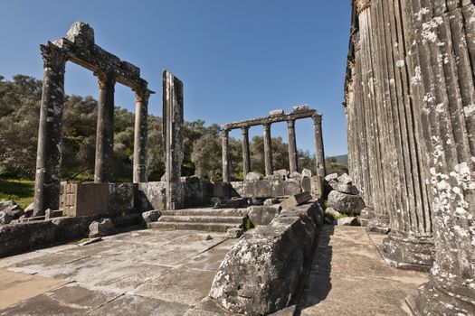 The Temple of Zeus at Euromos is to me the perfect ruined Greek temple.  Set in a forest of olive trees just east of the D525 highway between Selcuk (Ephesus) and Bodrum (25 km/16 miles SE of Lake Bafa, 13 km/8 miles NW of Milas), just south of the village of Selimiye (map), the Corinthian temple almost looks like a Hollywood set, except it's for real.  A shrine may have existed here from the 6th century BCE.  Believed to date from the time of Emperor Hadrian (117-138 CE), the Temple of Zeus Lepsynus and its precinct were excavated by Turkish archeologists starting in 1969. Look carefully and you'll see that some of the columns are unfluted, meaning perhaps that the temple was never finished.  Located about a mile south of the village of Selimiye, the temple area has no services, although there may be a villager selling cold drinks.  Stop for a half-hour's look if you're driving south from ?zmir or Ephesus headed for Milas, Bodrum or Marmaris.  This is actually a much larger archeological site than just the temple. The hillside to the east is littered with ruins, and if you spend an hour hiking around you can find a theater, an agora and massive defensive walls.