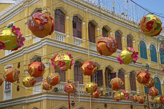 Sendo Square in Macau decorated for the Chinese New Year of the Dragon. Macau, China