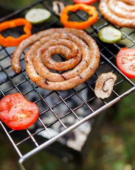 Barbecue on a hot day during the summer vacation on a green grass background. Meat and vegetables on the grill.