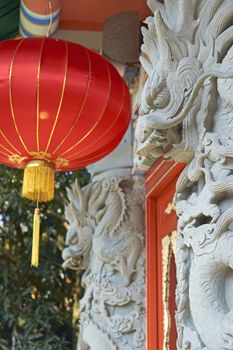 Carved stone dragon at Po Lin Monastery Buddhist monastery located on Ngong Ping Plateau, on Lantau Island, Hong Kong, China