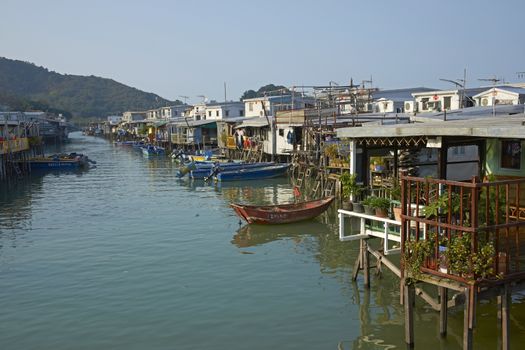 Fishing village of Tai O where the houses are built on stilts in Hong Kong, China.