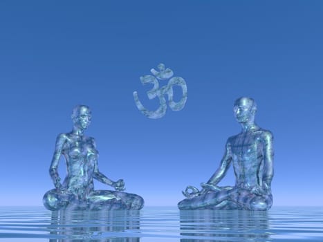 Man plus woman silhouettes meditating upon water and next to aum symbol in blue background