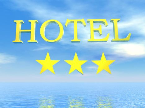 Golden hotel sign 3 stars upon ocean by beautiful blue day