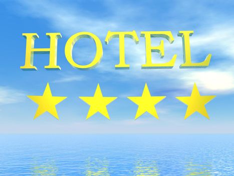 Golden hotel sign 4 stars upon ocean by beautiful blue day