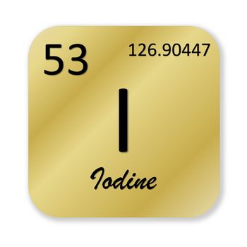 Black iodine element into golden square shape isolated in white background