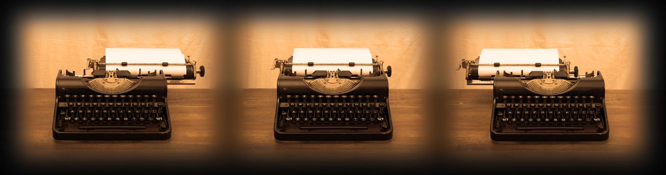 Old typewriter on wooden table, series of three