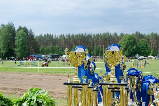 Horse racing cups awards prepared for winners at celebration day of city.