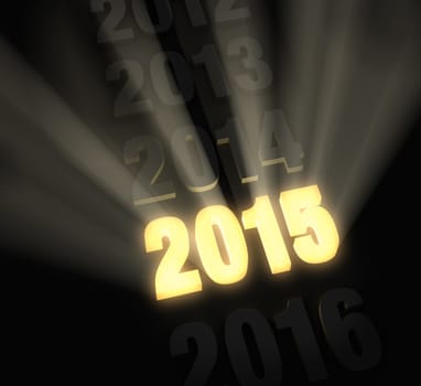 Light rays burst from glowing, gold "2015" standing out from a row of other years on a dark background