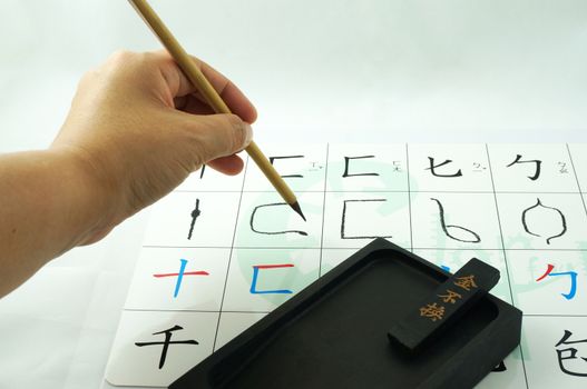 Chinese Calligraphy Consisting of brushes, ink sticks inkstand and writing requires great concentration.                            