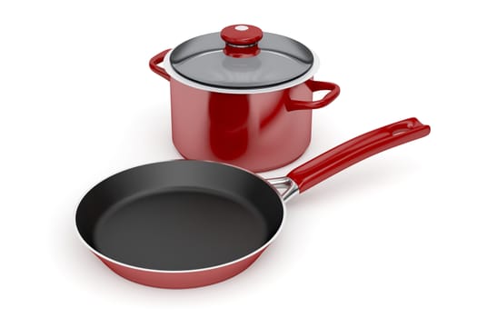 Frying pan and cooking pot on white background
