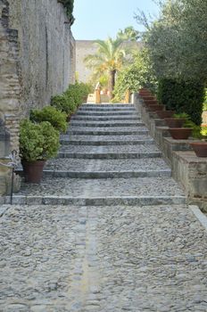 Stone stairs at The Alcazar of Jerez de la Frontera, a former Moorish fortress, Andalusia, Spain