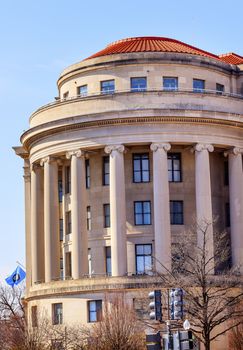 US Federal Trade Commission FTC Flag in Washington DC.  US Federal Trade Commission is a US Competition independent agency in Washington DC.  The FTC handles antitrust and false advertising and other competion issues to protect consumers.

