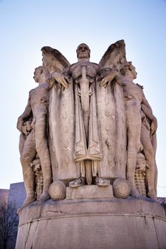 Winged War God George Gordon Meade Memorial Civil War Statue Pennsylvania Ave Washington DC Public Artwork given by the State of Pennsylvania.  Artist is Charles Grafly and Statue was dedicated in 1927.  General in Charge of Union at Gettysburg Battle. Residents of Pennsylvania paid for the statue, surrounded by six figures symbolizing the traits of a good general