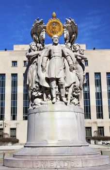 George Gordon Meade Memorial Civil War Statue Pennsylvania Ave Washington DC Public Artwork given by the State of Pennsylvania.  Artist is Charles Grafly and Statue was dedicated in 1927.  General in Charge of Union at Gettysburg Battle. Residents of Pennsylvania paid for the statue, surrounded by six figures symbolizing the traits of a good general