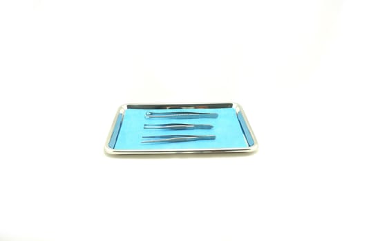 Many types of forceps made of stainless steel and placed in medical tray.                                