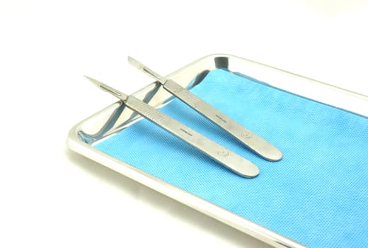 Two surgical knifes are placed in the tray with blue pad.                              