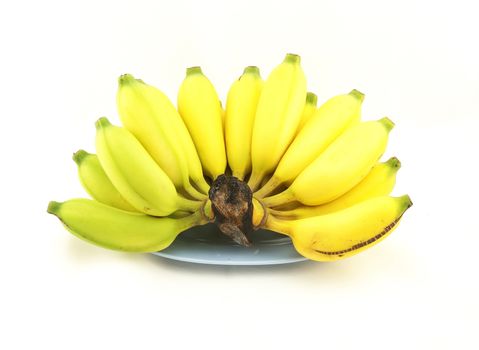 Near ripe banana, have large size, gold colour, delicious, and beneficial to the body. Placed on a blue plate.                              