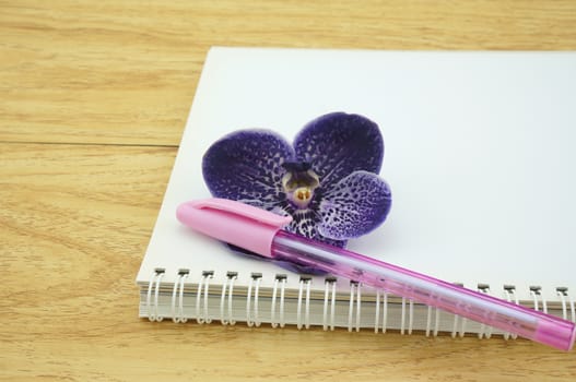 Empty notebook no text. The edge is spiral binder, has one pink pen and one purple flower on the notebook.                          