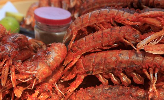 Freshwater prawn seafood. Preparation for a grill