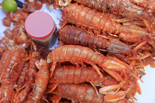 Freshwater prawn seafood. Preparation for a grill