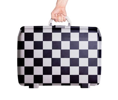 Used plastic suitcase with stains and scratches, printed with sign, finish flag