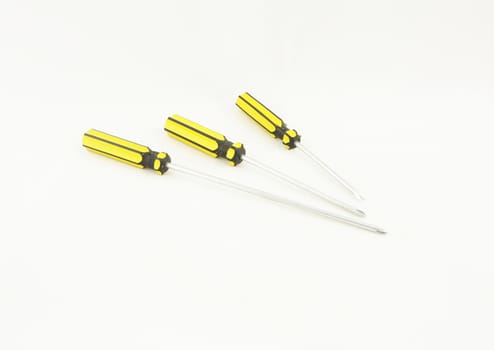 Screwdriver is made of steel, the end had  pentacle point and handle is made of plastic with yellow color.                               