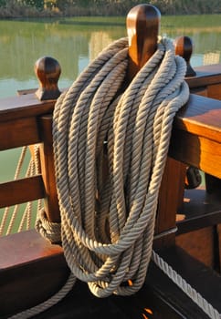 Rope in a corner of a wooden boat