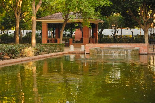 Pond in gardens called Prado, in  the city of Seville, Andalusia, Spain