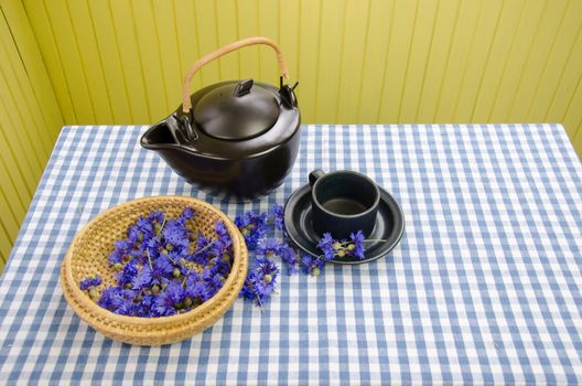 fresh cornflower blossom on wicker basket for healing vitality morning tea
