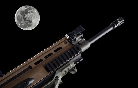  full moon and crime concept with gun or automatic rifle