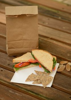healthy back to school lunch with veggie sandwich and brown paper bag