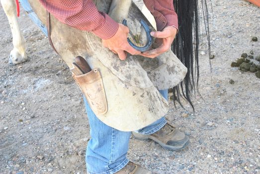 Male farrier working on a horseshoe.