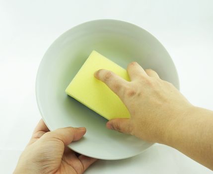 Woman's hand, right hand holding dishwasher sponge and left hand holding bowl.                              