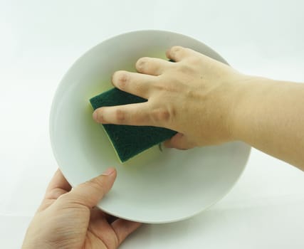 Woman washing dishes, right hand holding washing sponge and left hand holding bowl.                                
