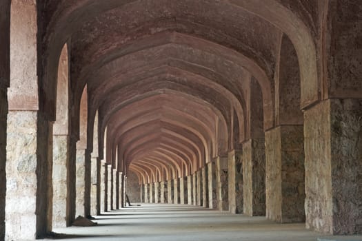 Cloisters inside the historic fort of Purana Qila in Delhi, India. 16th Century AD.
