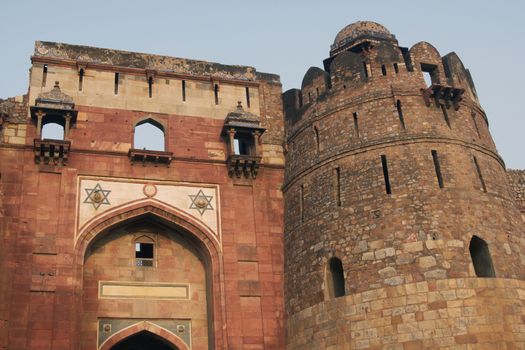 Detail of fortified entrance to the historic Mughal fort of Purana Qila in Delhi, India. 16th Century AD.