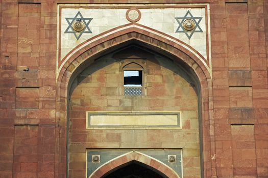 Detail of fortified entrance to the historic Mughal fort of Purana Qila in Delhi, India. 16th Century AD.