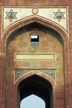Detail of fortified entrance to the historic Mughal fort of Purana Qila in Delhi, India. 16th Century AD.