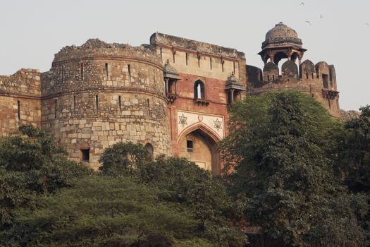 Detail of fortified entrance to the historic Mughal fort of Purana Qila in Delhi, India. 16th Century AD.