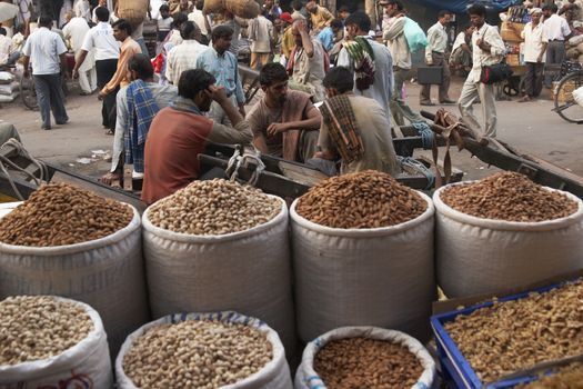 Nuts for sale in the crowded streets of Old Delhi, India
