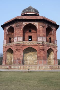 Islamic style octagonal building (Sher Mandal) inside the historic fort Purana Qila in Delhi, India. 16th Century AD.