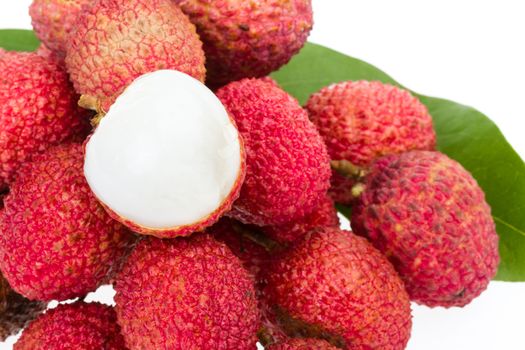 bunch of fresh lychee with leaf on white background