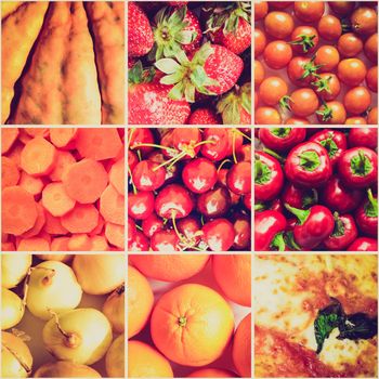 Vintage retro looking Food collage including 9 pictures of vegetables and fruit