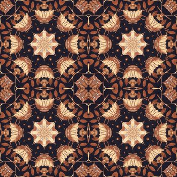 Abstract artistic pattern, seamless handmade floral ornament, applique from the back side of a birch bark on black fabric background