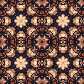 Abstract artistic pattern, seamless handmade floral ornament, applique from the back side of a birch bark on black fabric background