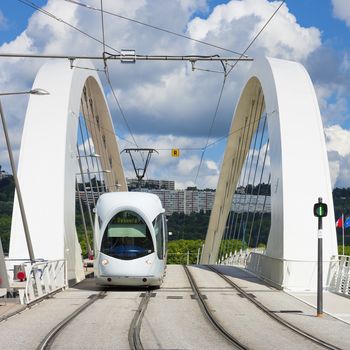 Tramway on the bridge, Lyon, France.