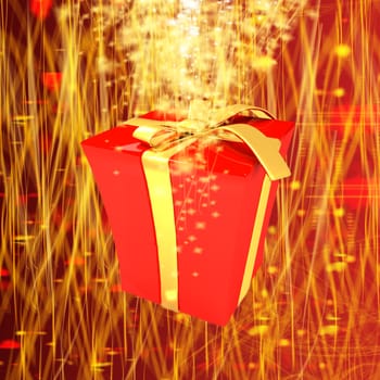 red gift box with golden ribbon on fantastic background with a wave of stars