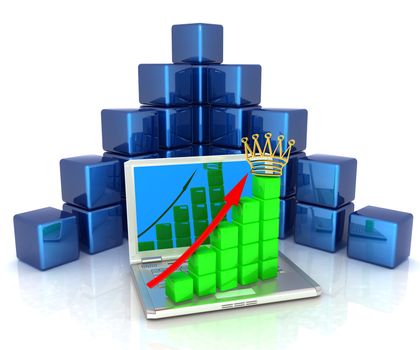 A laptop and cubic diagramatics structure. Concept of online business prosperity on a white background